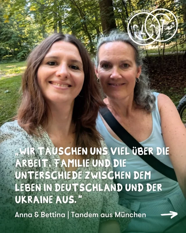 #TandemTuesday Unsere Tandems sind das Herz von Start with a Friend 💚 Heute teilen wir die Geschichte von Anna und Bettina aus München:

„Anna und ich treffen uns immer freitags vor ihrer Arbeit zu einem Spaziergang an der Isar und unterhalten uns über die unterschiedlichsten Themen.

Sie kommt aus der Ukraine und lebt mit ihrer Tochter und Schwester seit 2/3 Jahren in Deutschland. Ihre Motivation für das Tandem war, sich in Deutsch-Konversation zu üben und zu verbessern. Ich bin aus München und wollte neue Leute kennenlernen. Wir tauschen uns viel über Arbeit, Familie und die Unterschiede zwischen dem Leben in Deutschland und der Ukraine aus. Tipps für Unternehmungen in München oder Ausflüge in die Berge sind auch oft ein Thema, da wir beide gerne in die Berge gehen.

Da meine Tochter schon aus dem Haus ist und ich meine Arbeitszeit reduziert habe, ist unser regelmäßiger Kontakt eine sehr schöne Bereicherung!

Wir hoffen, unser Tandem motiviert viele andere!“

👥 Tandems schaffen Begegnungen auf Augenhöhe und manchmal sogar Freundschaften fürs Leben.

#StartWithAFriend #TandemTuesday #menschenstärkenmenschen #Freundschaft #gemeinschaft #Integration #Community #Ehrenamt #Begegnungen #Zusammenhalt #SwaF #tandemstories