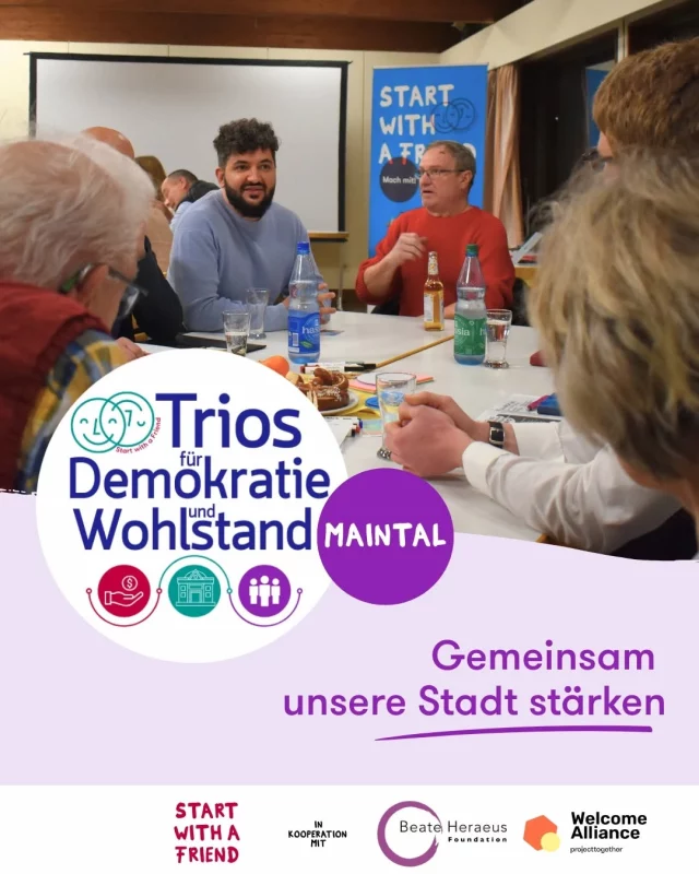 „Trios für Demokratie und Wohlstand“ – Erfolgreicher Auftakt in Maintal

Wir schaffen gemeinsam mit der Initiative „Maintal bricht auf" Räume, in denen Menschen aus Wirtschaft, Verwaltung und Zivilgesellschaft zusammenkommen, um demokratische Teilhabe und Vielfalt im Alltag zu stärken.

Die ersten beiden Termine, zu den Themen Sozialer Zusammenhalt sowie Finanzen & Wirtschaft, waren ein großer Erfolg: Es gab intensiven Austausch, viele neue Perspektiven und wertvolle Impulse für ein starkes Miteinander in Maintal.

Nun geht es in die nächste Runde und wir laden herzlich ein:

14. Januar – Stadtentwicklung, Verkehr & Infrastruktur
04. Februar – Politik, Demokratie

👉 Jetzt anmelden:
https://portal.startwithafriend.de/event?category=2&event_mode=offline&host=179&view_mode=list

Gemeinsam gestalten wir demokratische Zukunftsräume. 💛

Ein großes Dankeschön an @projecttogether , die dieses Format möglich machen.

#miteinanderfüreinander #DemokratieStärken #Maintal #Zivilgesellschaft #Teilhabe 
#projecttogether #SwaF