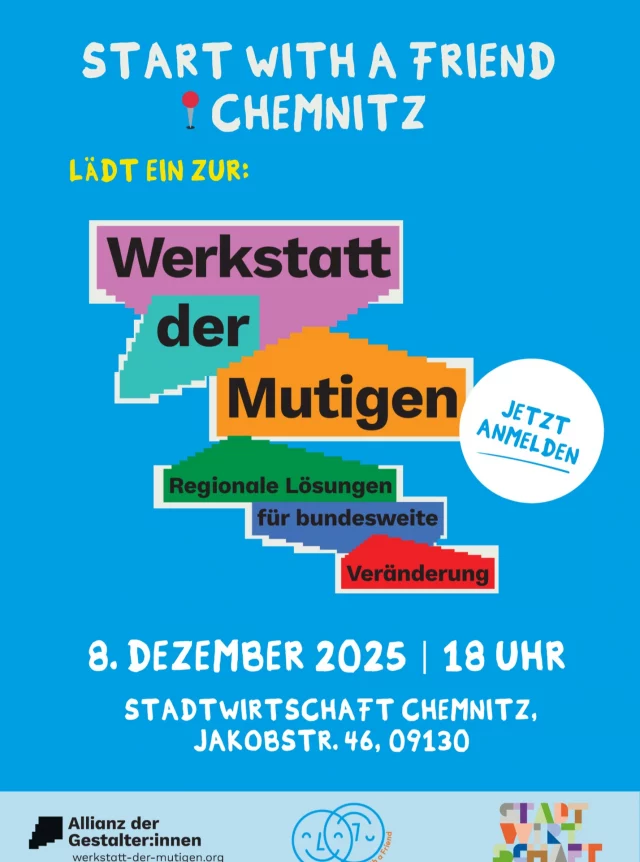 Die Werkstatt der Mutigen ist zurück in Chemnitz! 🎉Bist du Teil eines Vereins, eines Unternehmens, der Stadtverwaltung oder engagierst du dich ehrenamtlich? Dann macht mit!

In einem konstruktiven Rahmen nehmen wir uns zwei Stunden Zeit, um nach einem kurzen Update zum aktuellen Stand gemeinsam zu erkunden:
💡Was kann die Stadtgesellschaft tun, um dem Erbe des Titels gerecht zu werden?
💡Was braucht es seitens der Politik, um das Gelingen sicherzustellen?

Gemeinsam mit den Akteur*innen, die die „Legacy“ verantworten, schauen wir auf konkrete Themen:
 Stadtwirtschaft als Interventionsfläche, die „Unseen Biennale“ ab 2027, die Zukunft von Volunteers und Mikroprojekten sowie die Frage, wie Chemnitz in Berlin sichtbarer werden kann.

Sei dabei und gestalte die Zukunft mit.

Anmeldelink: https://portal.startwithafriend.de/event/werkstatt-der-mutigen-in-chemnitz-3240/register

Kostenlos Teilnahme 

@projecttogether
@stadt_chemnitz
@stadtwirtschaftchemnitz
@noraseitz

#werkstatt #werkstattdermutigen #miteinanderfüreinander #startwithafriend #swaf #gemeinsamstark