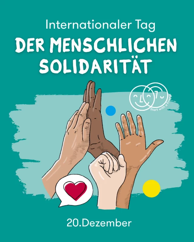 Solidarität beginnt im Kleinen: im Zuhören, im Dazugehören, im gemeinsamen Alltag.
Bei Start with a Friend wissen wir: Echte Begegnungen beginnen mit Vertrauen, um Begegnungen ohne Vorbehalte zu ermöglichen.
So bringen wir Menschen in solidarischen Tandems und Communities zusammen.
Solidarität heißt: füreinander da sein.
Heute und jeden Tag. 🤝

#menschlichesolidarität #startwithafriend #zusammenhalt #begegnung #vielfalt #bemeinschaft #miteinanderfüreinander #internationalertagdermenschlichensolidarität