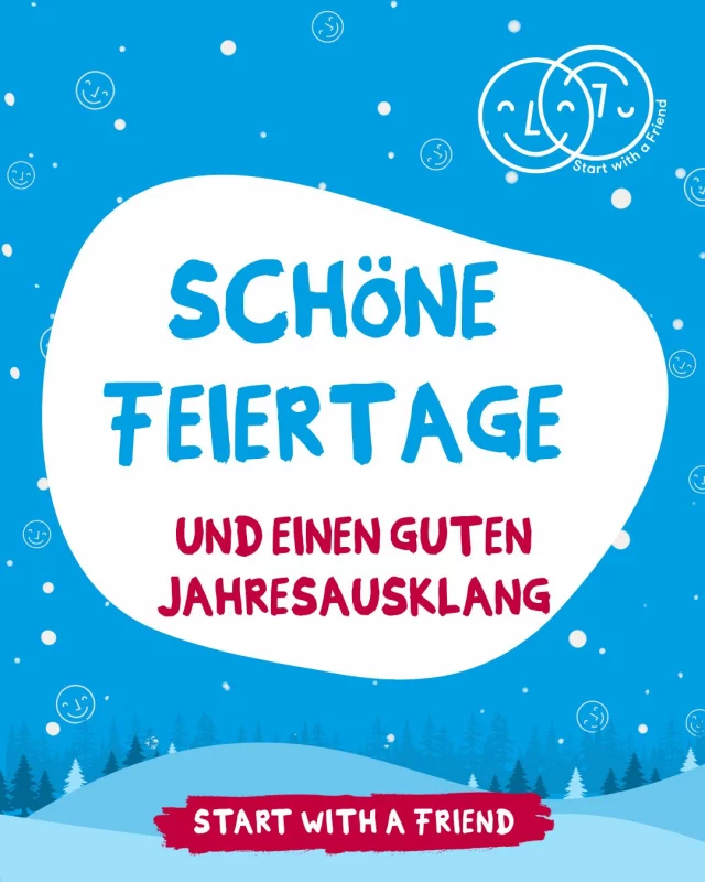 Der Dezember ist für viele Menschen eine besondere Zeit mit unterschiedlichen Festen und Traditionen. 🎊
Hanukkah, Weihnachten, Kwanzaa, oder einfach eine ruhige Zeit für sich.
Bei Start with a Friend steht Vielfalt und Respekt im Mittelpunkt.
Wir wünschen euch allen eine warme und friedliche Zeit.

#swaf #community #zusammenhalt #begegnung #vielfalt #gemeinschaft #miteinanderfüreinander #schönefeiertage #jahresausklang
