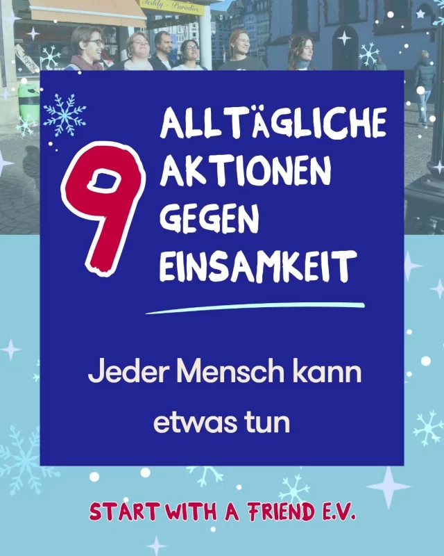 Gemeinschaft beginnt im Alltag. Kleine Gesten können viel bewirken:  ein „Hallo“, echtes Zuhören oder ein gemeinsamer Kaffee. ☕

Bei SwaF wissen wir: Einsamkeit endet, wo Begegnung beginnt.
Deswegen schaffen wir Tandems und Communities, wo man sich gesehen, verstanden und willkommen fühlt.

👉Welche dieser 9 Aktionen gegen Einsamkeit hast du heute schon getan oder nimmst du dir vor?
Schreib es in die Kommentare 

#gemeinsamgegeneinsamkeit #StartWithAFriend #miteinanderfureinander #Zusammenhalt