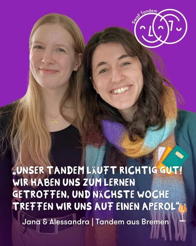 #TandemTuesday Unsere Tandems sind das Herz von Start with a Friend.💜 Heute teilen wir die Geschichte von Jana und Alessandra aus #Bremen:

„Jana kommt aus Osterholz-Scharmbeck in Deutschland und Alessandra aus Ancona in Italien. Vor etwa sechs Monaten haben sie sich in Bremen kennengelernt und seitdem viele schöne Momente miteinander geteilt: mal lernen sie zusammen, mal gehen sie auf einen Kaffee, ein anderes Mal gibt es einen Aperol oder eine kleine Feier zu Hause. 📚☕️Gemeinsame Interessen wie kulturelle Aktivitäten, Backen und vor allem die gegenseitige Unterstützung beim Deutsch- und Italienischlernen haben ihr Tandem lebendig gehalten. Besonders wichtig ist, dass beide einander mit großer Neugier zuhören und sich wirklich für das Leben und die Kultur der anderen interessieren. So sehr, dass Jana inzwischen ein Erasmus-Semester in Padua macht – der Stadt, in der auch Alessandra studiert hat. Die offizielle Tandemzeit geht bald zu Ende, doch zwischen ihnen ist eine Freundschaft entstanden, die sicher weit über diese Zeit hinaus bestehen bleibt. ✨“

💬 Tandems schaffen #Begegnungen auf Augenhöhe und manchmal sogar Freundschaften fürs Leben.

 #Freundschaft #Ehrenamt