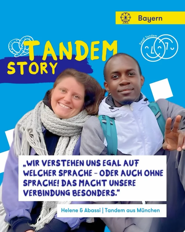 Unsere Tandems sind das Herz von #SwaF. Heute teilen wir die Tandem Geschichte von Helene und Abassi aus #München:✨⬇️✨

Helene und Abassi waren beide neu in München – Helene kam aus Dresden hierher und Abassi aus dem Kongo. Im August 2023 haben sich beide in einem SwaF-Tandem kennengelernt. Abassi hatte Lust auf ein Tandem, weil er neue Menschen treffen wollte. Außerdem hat er gehört, dass es eine gute Chance bietet, Deutsch zu lernen. Helene wiederum war daran interessiert, ihre Sprachkenntnisse in Französisch auszubauen: So haben Helene und Abassi sich dabei begleitet, ihr Französisch und Deutsch zu üben und zu verbessern.

Abassi und Helene haben noch viele weitere Wege gefunden, voneinander zu lernen und ihre Kulturen zu teilen. So kochen sie etwa nach französischen Rezepten, lernen gemeinsam Swahili, tauschen Bücher aus oder gehen zusammen Wandern. Sie haben viel über sich selbst und über die andere Person entdeckt: Organisation, Positivität, Zielstrebigkeit und Offenheit – und vor allem, wie man sich in mehreren oder auch ganz ohne Sprachen versteht.

Möchtest du auch eine Helene oder einen Abassi in deinem Leben? Dann komm zu SwaF.
🙋‍♀️🙋🙋‍♂️
Und hilf uns, diesen Beitrag zu teilen, damit mehr Menschen in #Bayern ihr Tandem finden können.

#TandemTuesday #ZammhaltfürBayern