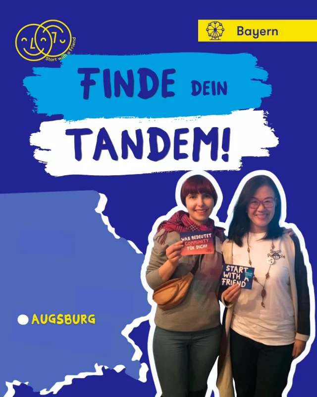 #TandemTuesday: SwaF Tandem startet in #Augsburg durch. 🚀

Augsburg ist seit 2020 ein Standort von SwaF, aber erst seit diesem Jahr gibt es hier auch das Tandemprogramm. Falls du dich noch fragst: Was ist eigentlich ein #Tandem? 🤔☺️

⬇️⬇️⬇️

Ein Tandem ist eine Verbindung zwischen zwei Menschen aus unterschiedlichen Kontexten. In einem Tandem treffen sich ein Local und ein*e Newcomer*in. Sie begegnen sich auf Augenhöhe, tauschen sich aus, lernen voneinander und können gemeinsam die Stadt entdecken.

Durch ein Tandem kannst du neue Kontakte knüpfen, deine Fähigkeiten weiterentwickeln und Neues lernen. Oft entsteht daraus auch eine neue Freundschaft – eine Tandemfreundschaft!

In #Bayern haben bereits über 2000 Menschen ein Tandem mit SwaF gefunden. 🤗 Deshalb möchten wir dich ermutigen: Finde auch du dein Tandem – jetzt in Augsburg!

Melde dich für einen Infoabend oder ein Einzelgespräch an, um zu starten. Oder schreib uns direkt eine E-Mail an augsburg@start-with-a-friend.de.
Und hilf uns gern dabei, diesen Post zu teilen, damit noch mehr Menschen ihre eigene #TandemStory erleben können 💛