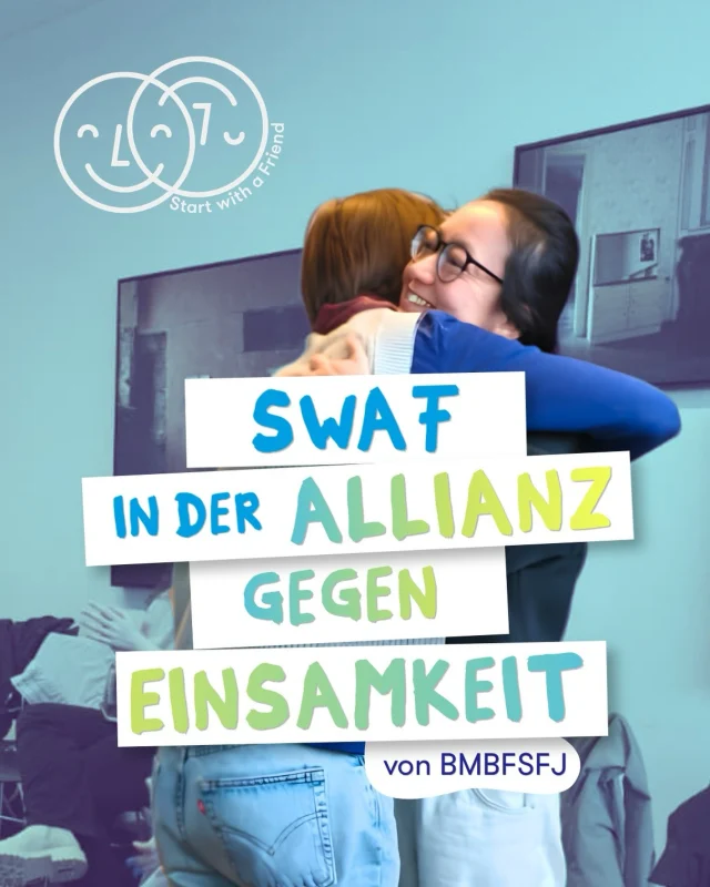 SwaF wird Teil eines großen Teams gegen Einsamkeit! Wir sind mit unseren Tandems aktiv gegen Einsamkeit und haben uns deshalb der Allianz gegen Einsamkeit angeschlossen.

Bei der Allianz handelt es sich um eine Initiative des @bmbfsfj . Sie wird umgesetzt vom Kompetenznetz Einsamkeit (KNE). Von wissenschaftlicher Reflexion bis hin zu praktischen Lösungen kommt hier alles zusammen: Gemeinsam entwickeln wir Lösungen gegen Einsamkeit als Problem nicht nur des einzelnen Menschen, sondern auch unserer Demokratie, die vom Zusammenhalt der Gesellschaft lebt.

Mehr über unseren Einsatz gegen Einsamkeit bei SwaF und auch darüber, wie ihr mitmachen könnt, erfahrt ihr in diesem Beitrag auf unserer Website: start-with-a-friend.de/gemeinsam-wege-aus-der-einsamkeit-finden

#swafgegeneinsamkeit
