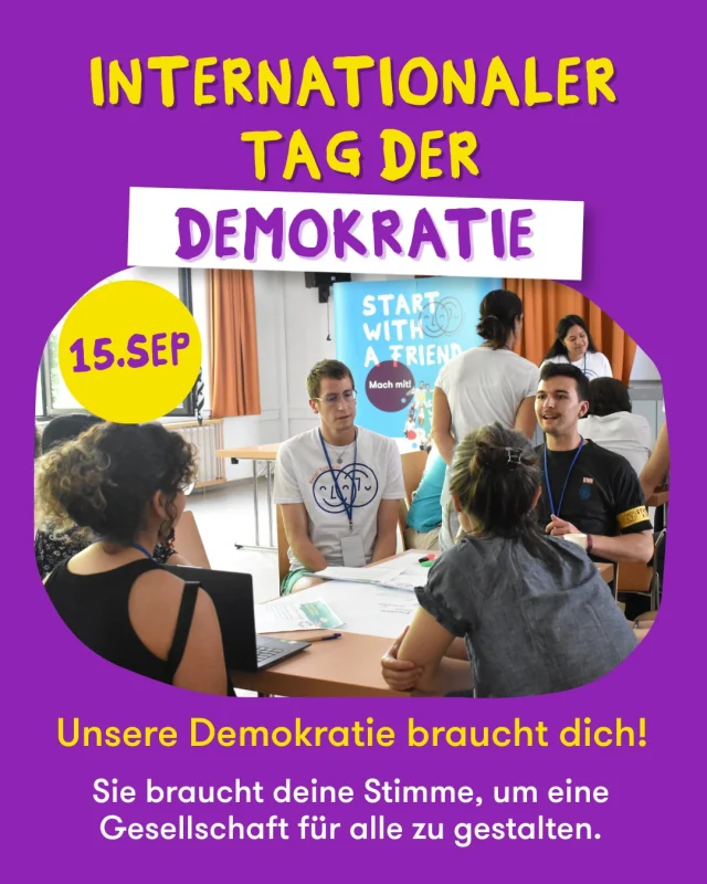 Demokratie bedeutet: Jede Stimme zählt. Jeder Mensch, der unsere Demokratie trägt, gehört dazu.
Dafür braucht unsere Demokratie dich! 
Am Internationalen Tag der Demokratie betonen wir: Demokratie lebt von Teilhabe, Gemeinsamkeit und vielen verschiedenen Stimmen.
Gestalte deine Gemeinschaft vor Ort, regional aktiv mit, teile deine Perspektiven und schaffe Räume für alle!

 #Demokratie  #teilhabe  #gemeinschaft
